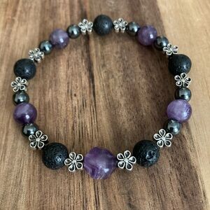 Handmade Beaded Bracelet with Amethyst and Lava Stone
